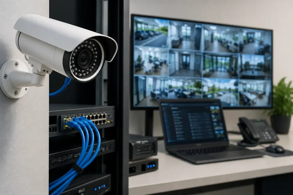 IP network CCTV camera system with security monitoring and network equipment