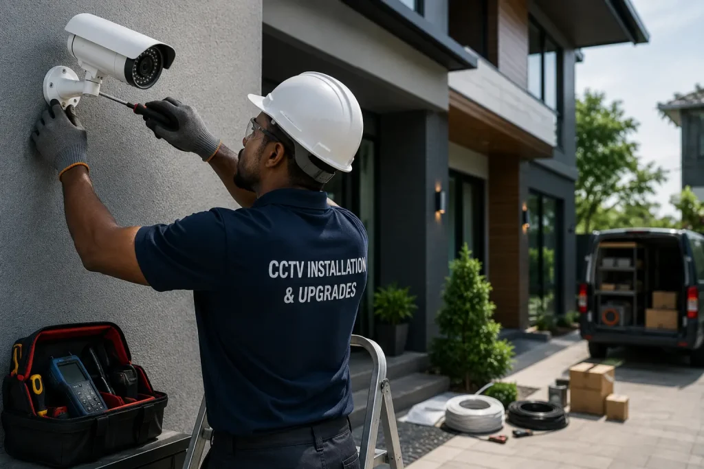Professional CCTV technician installing and upgrading an outdoor security camera