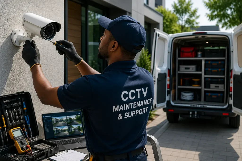 CCTV technician performing security camera maintenance and technical support