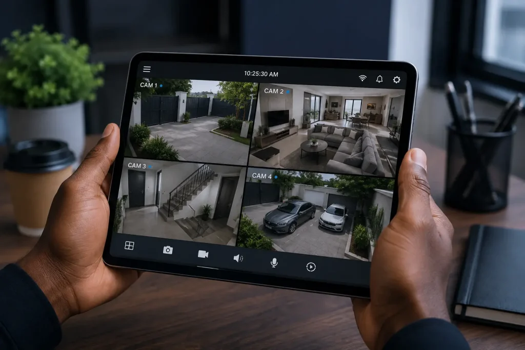 Remote CCTV security monitoring on a tablet showing live camera views of a residential property