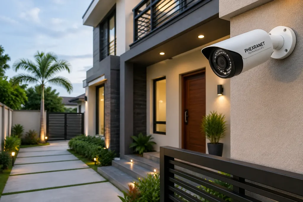 Residential CCTV security camera installed to protect a modern home
