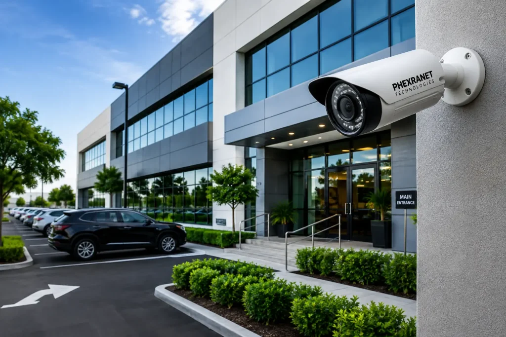 Commercial CCTV security camera installed at a business and office property