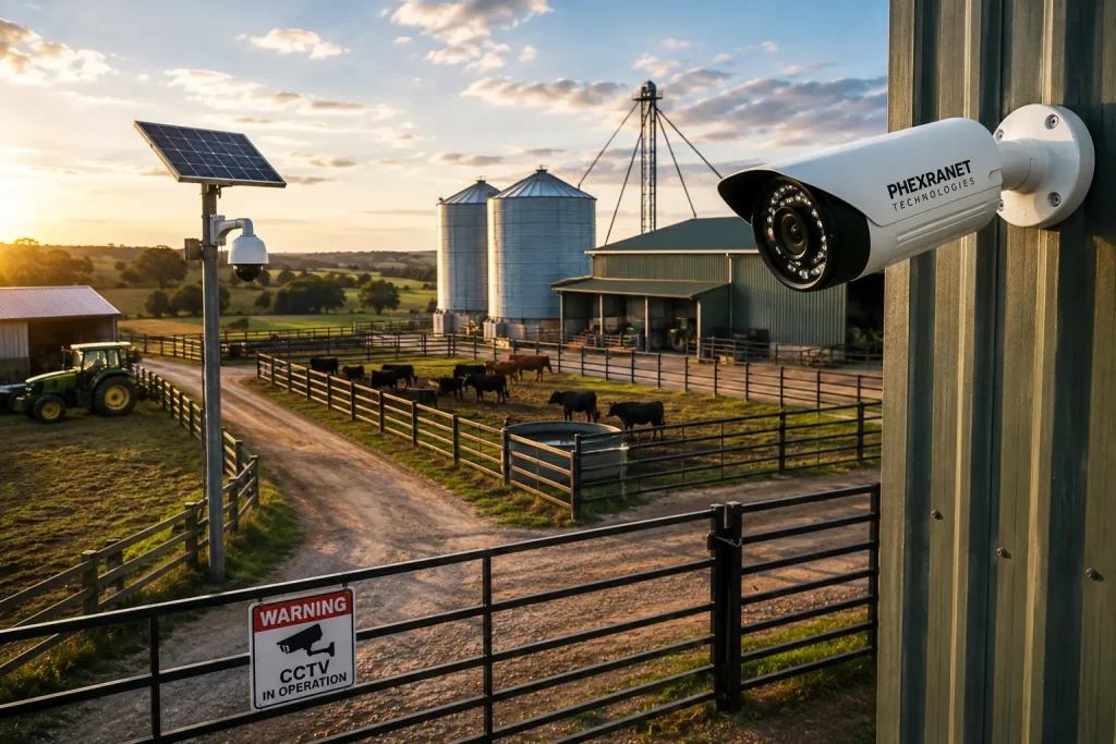 CCTV surveillance camera monitoring an agricultural farm and its property