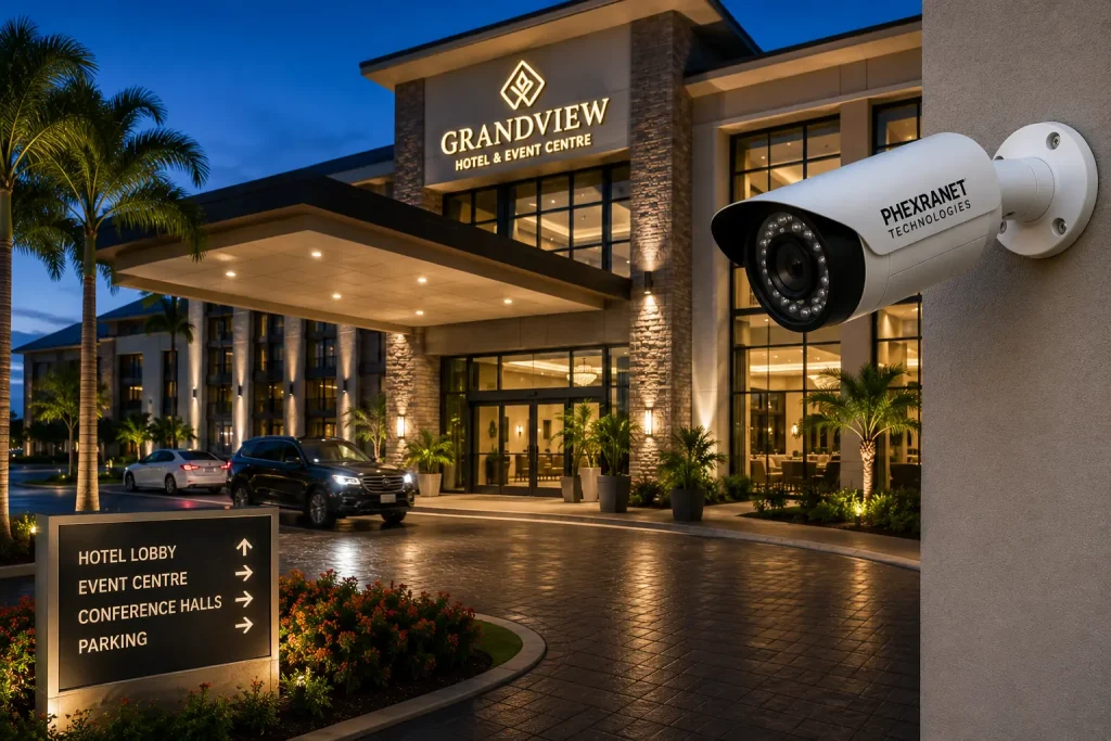 CCTV surveillance camera protecting a hotel and event centre entrance and parking area