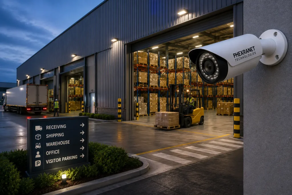 Industrial CCTV security camera monitoring a warehouse and commercial facility