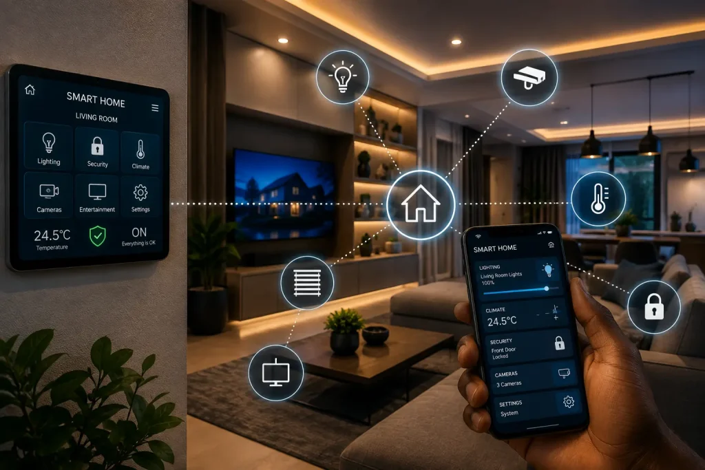 Smart home automation solution with connected lighting, security, climate and mobile controls by Phetranet Technologies