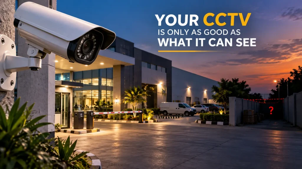 CCTV security camera monitoring a commercial property with a potential blind spot