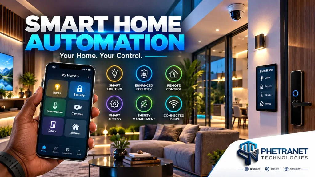 Smart home automation with smartphone control, smart lighting and security by Phetranet Technologies