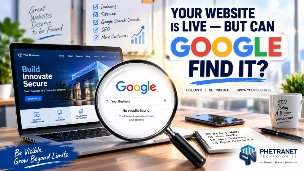 Business website and SEO visibility concept showing a website being discovered through Google search