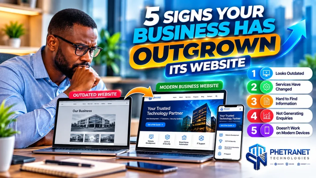 Business owner reviewing an outdated website that needs improvement