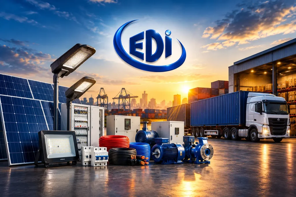 EDI industrial and solar equipment with electrical supplies, solar panels and logistics truck