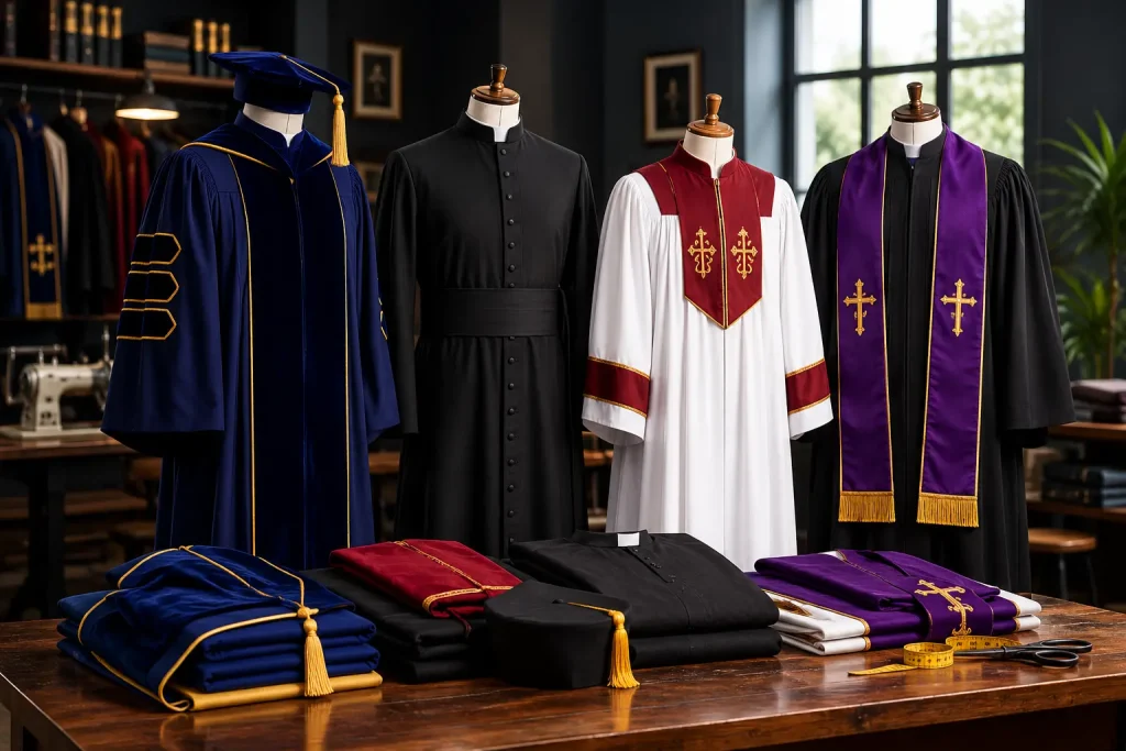Academic graduation gown, black cassock and ecclesiastical robes displayed in a tailoring atelier